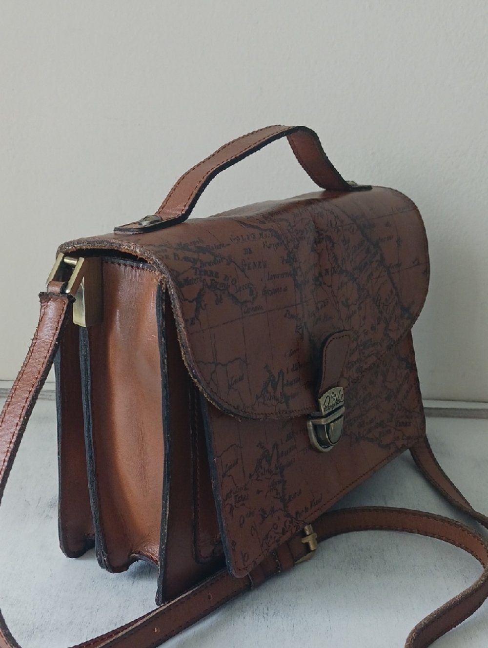 Patricia NASH Digione Riot Rust Map-Print Brown Leather Crossbody Satchel - Picture 3 of 10